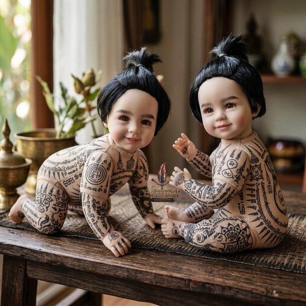 Authentic Thai Kuman Thong Look Thep Male Spirit Child Doll - Topknot Hair Edition with Hand-Inscribed Full-Body Sacred Yantra Inscriptions, 9-Tailed Fox & Money Bag Yantras for Extreme Business Wealth, Luck & Prosperity