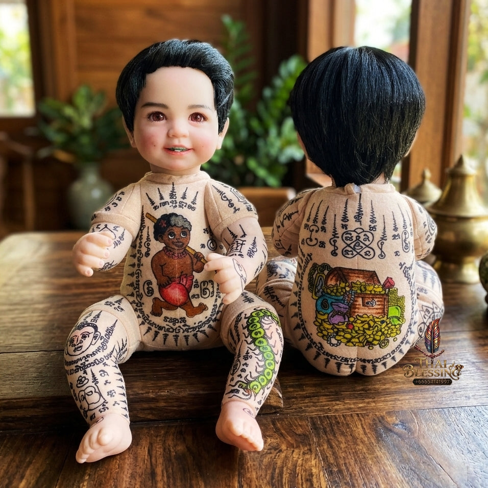 Authentic Thai Large 22-Inch Kuman Thong Look Thep Spirit Child Doll - Hand-Inscribed Colored Full-Body Sacred Yantra Edition with Ancient Kuman & Treasure Chest Yantras for Extreme Business Wealth, Career Success & Prosperity