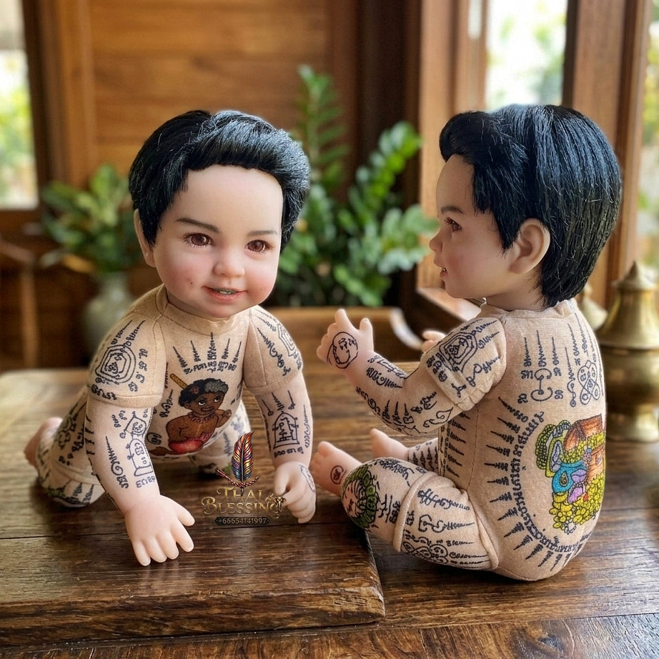 Authentic Thai Large 22-Inch Kuman Thong Look Thep Spirit Child Doll - Hand-Inscribed Colored Full-Body Sacred Yantra Edition with Ancient Kuman & Treasure Chest Yantras for Extreme Business Wealth, Career Success & Prosperity