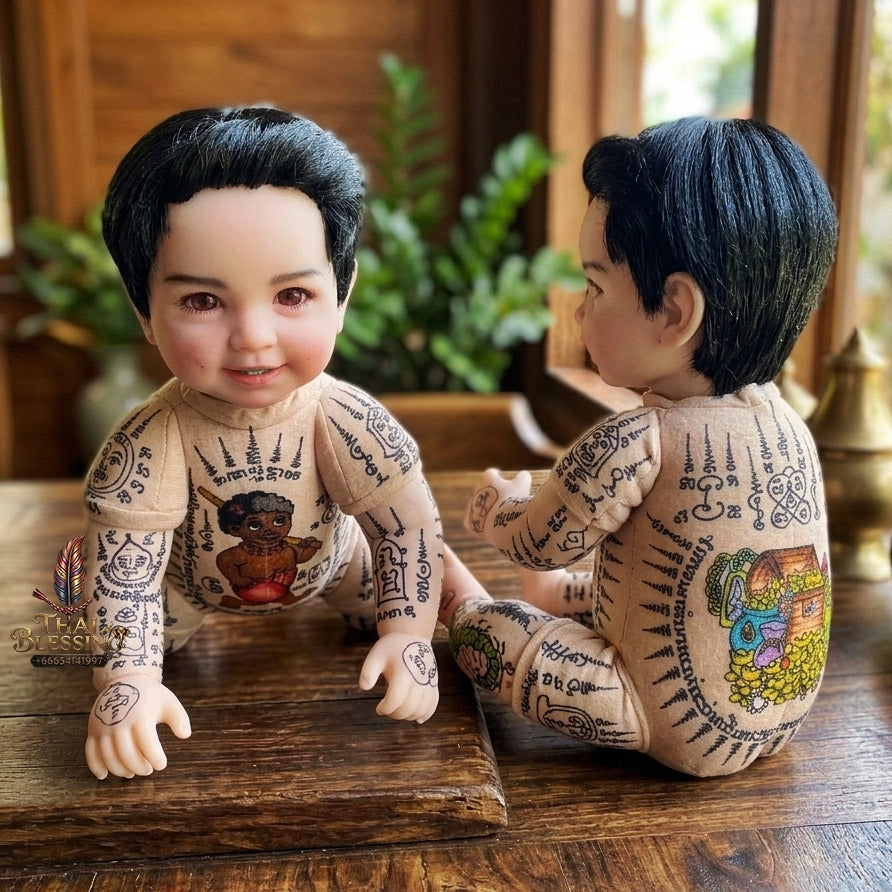 Authentic Thai Large 22-Inch Kuman Thong Look Thep Spirit Child Doll - Hand-Inscribed Colored Full-Body Sacred Yantra Edition with Ancient Kuman & Treasure Chest Yantras for Extreme Business Wealth, Career Success & Prosperity