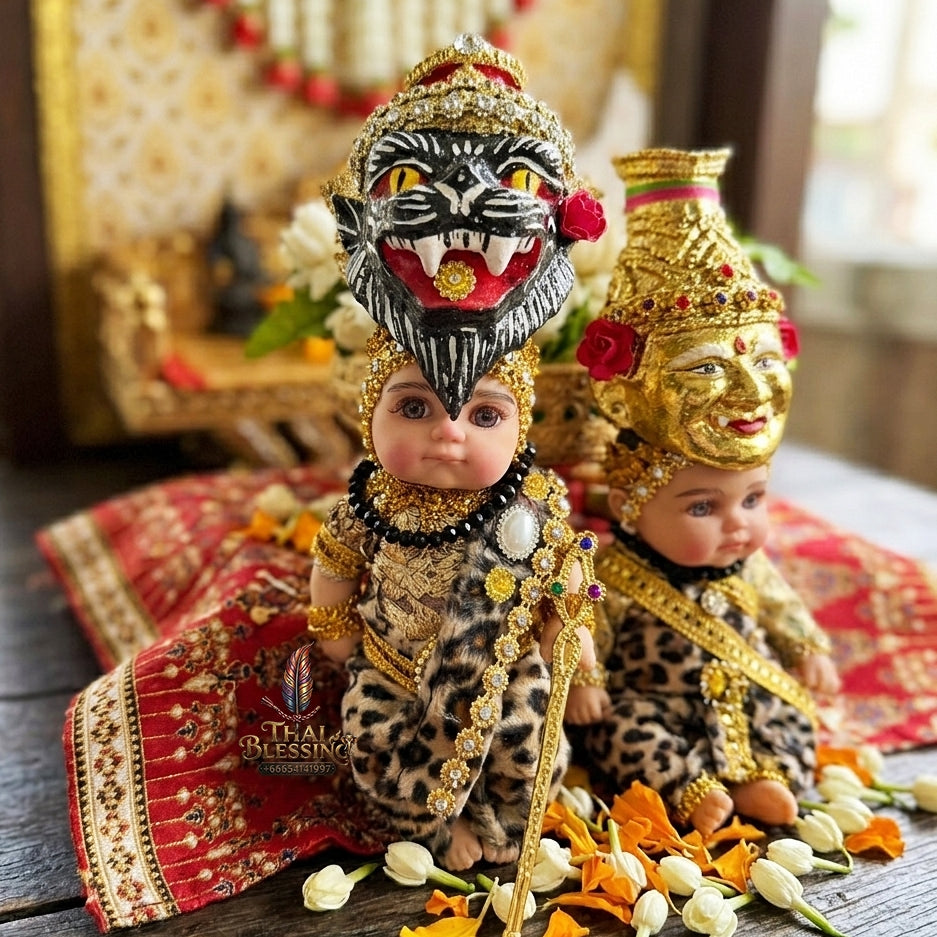 Authentic Thai 8-Inch Baby Kuman Thong Look Thep Spirit Child Doll - Traditional Thai Khon Costume Edition for Extreme Metta Charm, Business Wealth & Protection