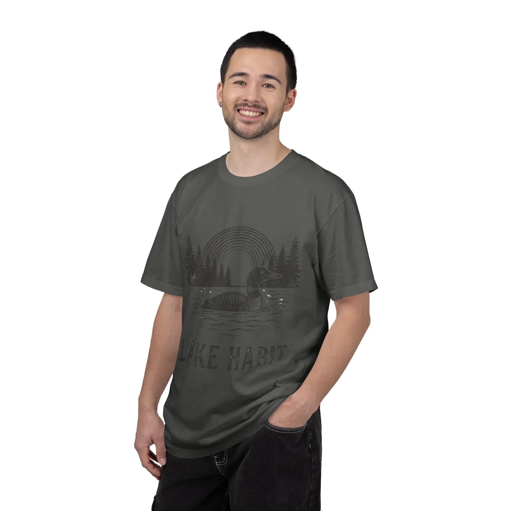 Lake Habit Loon Shirt, Vintage Lake Life Tee, Nature Illustration T-Shirt, Cabin Cottage Camping Fishing Canoe Kayak Gift Pepper