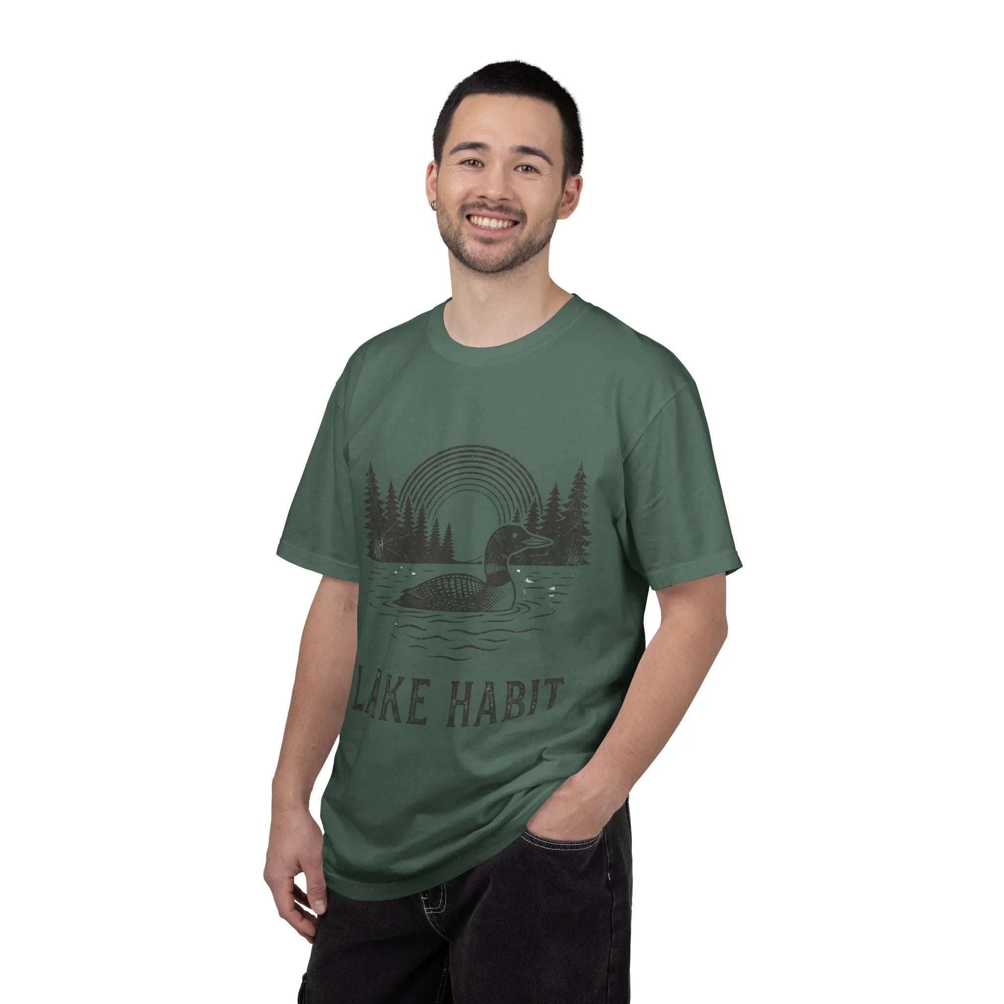 Lake Habit Loon Shirt, Vintage Lake Life Tee, Nature Illustration T-Shirt, Cabin Cottage Camping Fishing Canoe Kayak Gift Blue Spruce