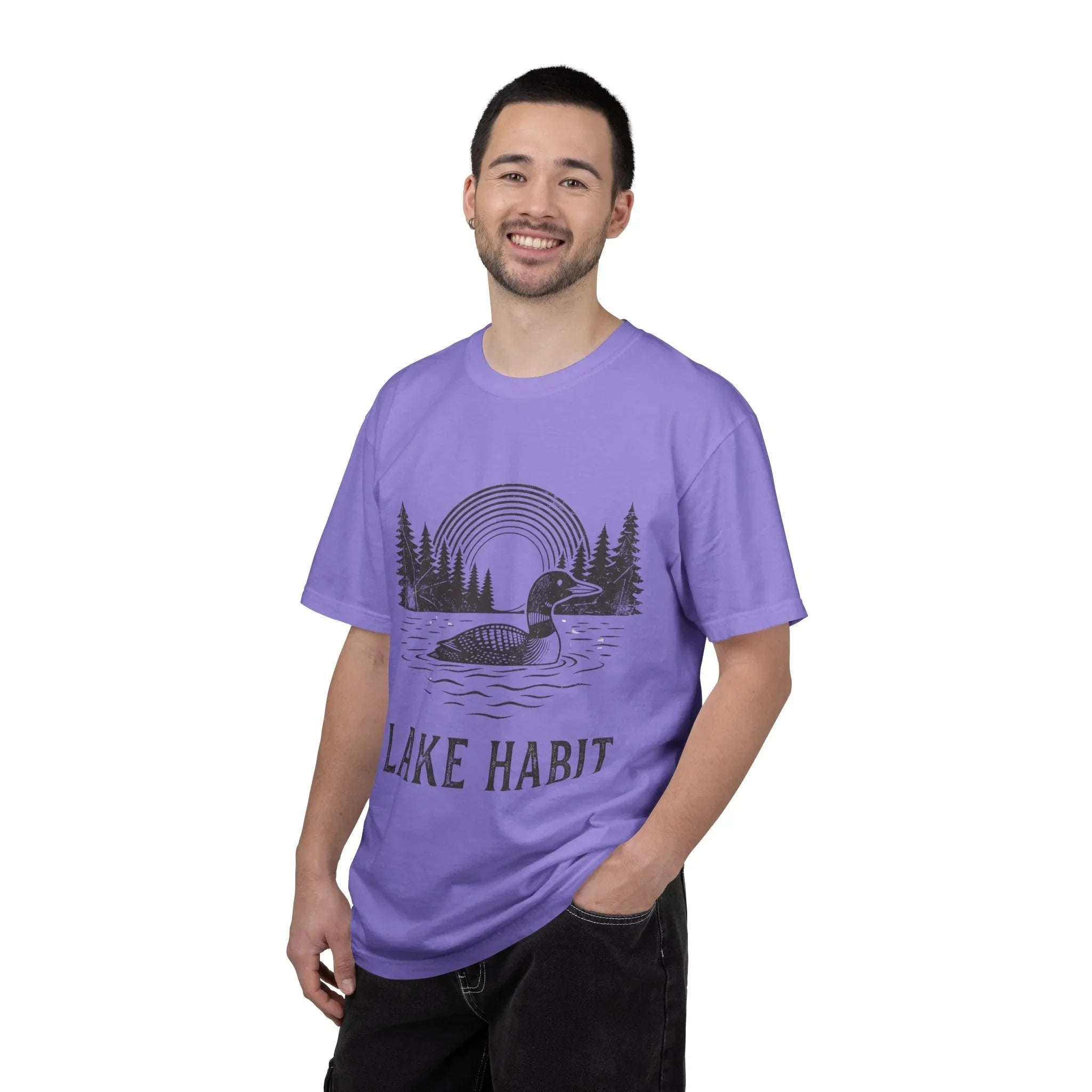 Lake Habit Loon Shirt, Vintage Lake Life Tee, Nature Illustration T-Shirt, Cabin Cottage Camping Fishing Canoe Kayak Gift Violet