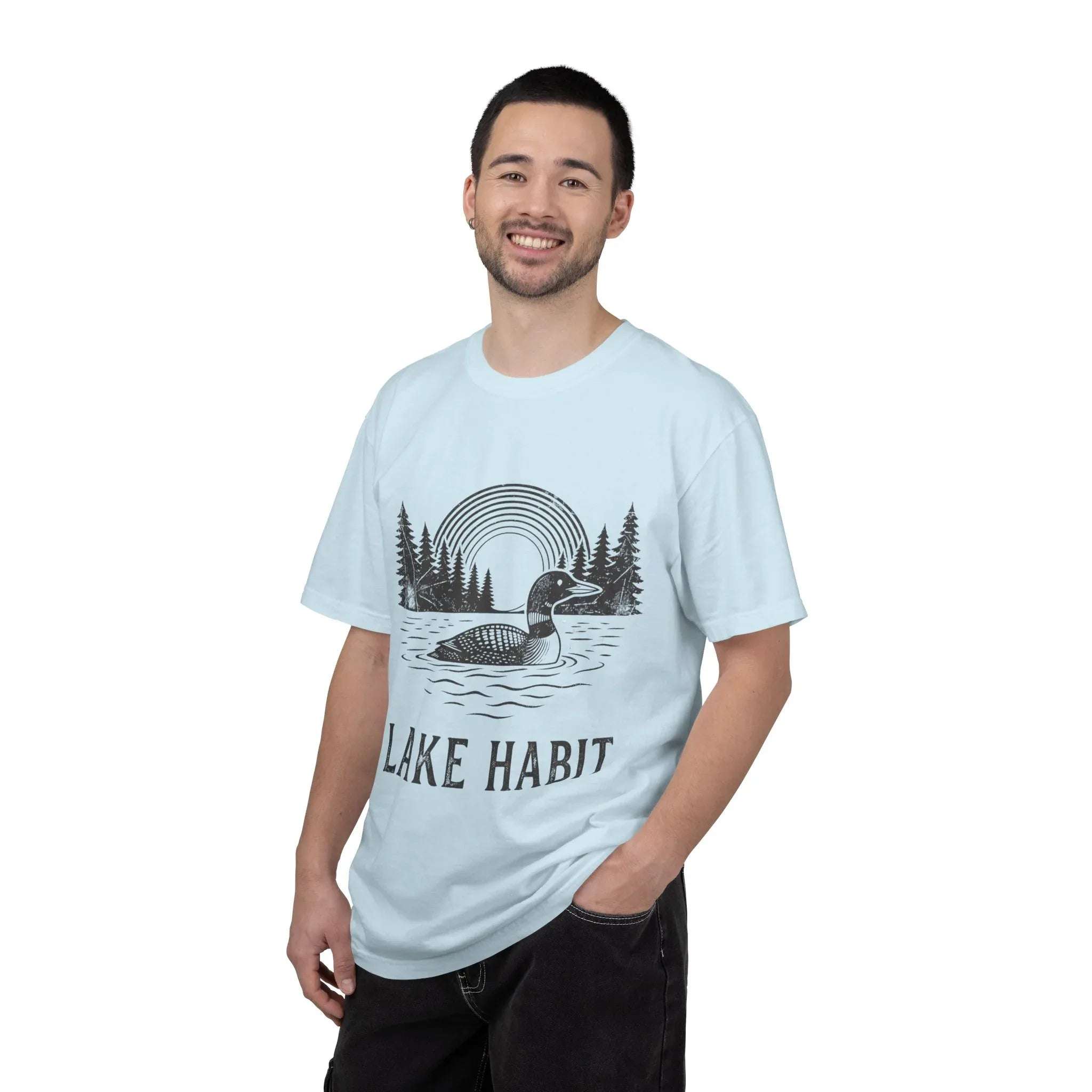 Lake Habit Loon Shirt, Vintage Lake Life Tee, Nature Illustration T-Shirt, Cabin Cottage Camping Fishing Canoe Kayak Gift Chambray