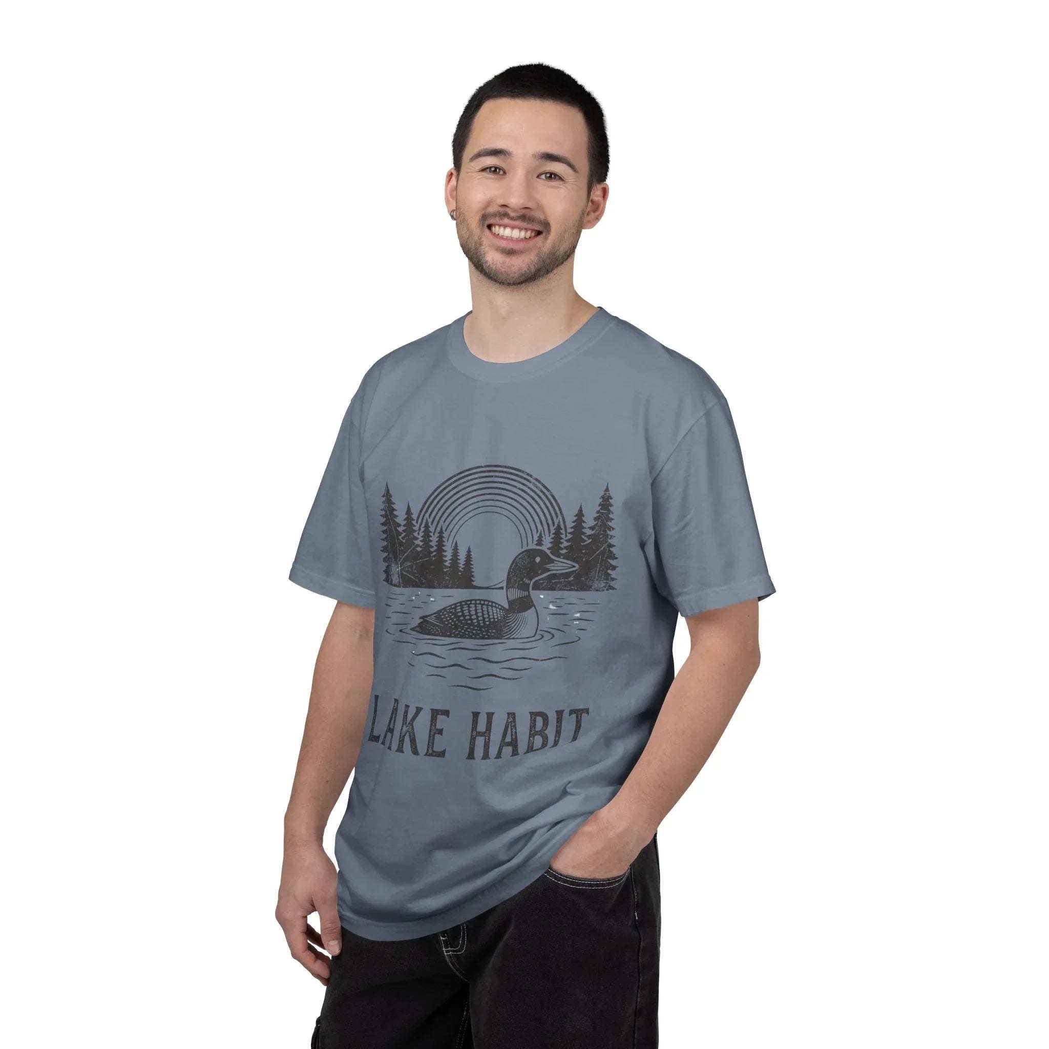 Lake Habit Loon Shirt, Vintage Lake Life Tee, Nature Illustration T-Shirt, Cabin Cottage Camping Fishing Canoe Kayak Gift Blue Jean