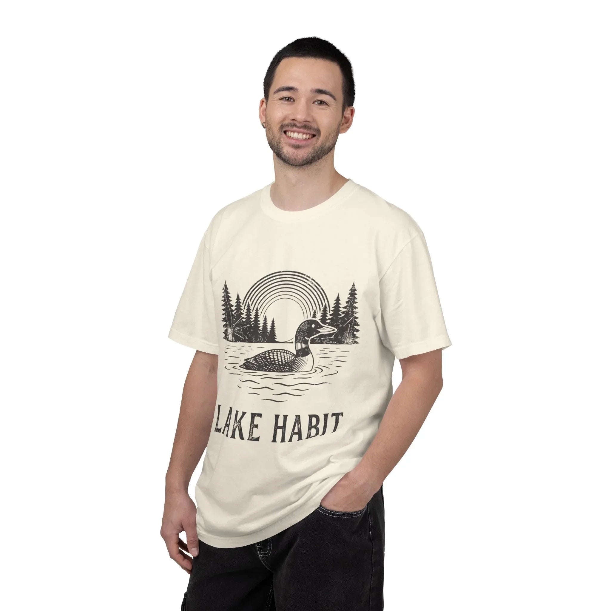 Lake Habit Loon Shirt, Vintage Lake Life Tee, Nature Illustration T-Shirt, Cabin Cottage Camping Fishing Canoe Kayak Gift Ivory