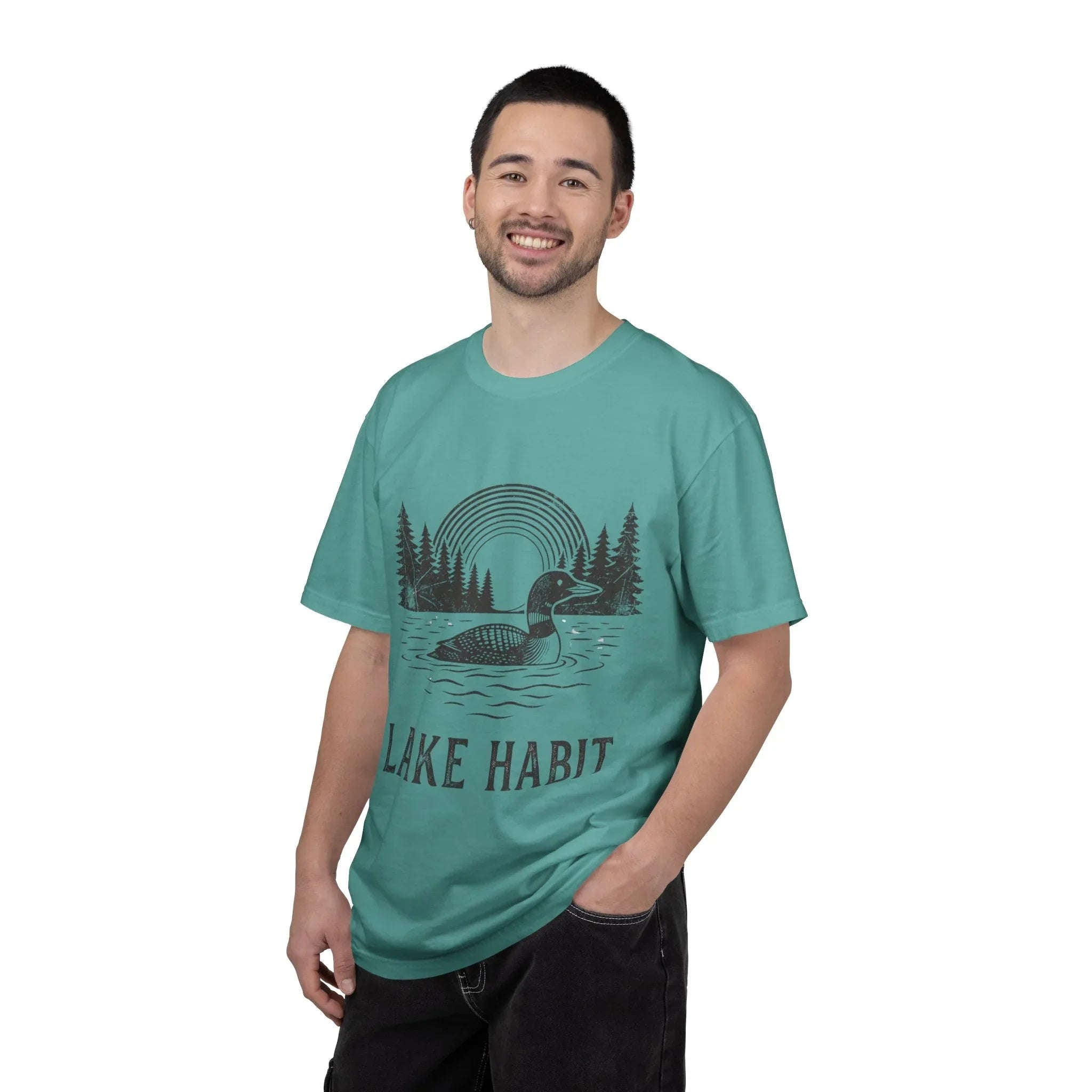 Lake Habit Loon Shirt, Vintage Lake Life Tee, Nature Illustration T-Shirt, Cabin Cottage Camping Fishing Canoe Kayak Gift Seafoam