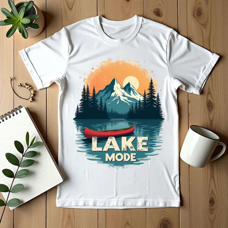 Lake Mode Canoe Shirt, Vintage Mountain Lake Tee, Outdoors Camping Nature Graphic T-Shirt, Cabin Paddling Gift, Kayak Canoeing White