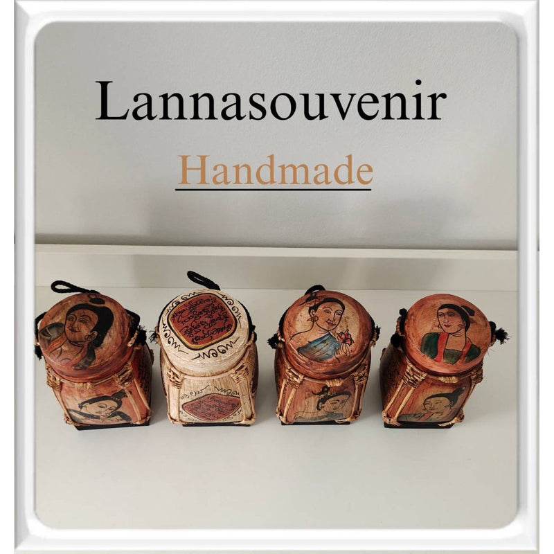 Handmade Lanna bamboo blessing box set with traditional painted designs from One-Sake.com