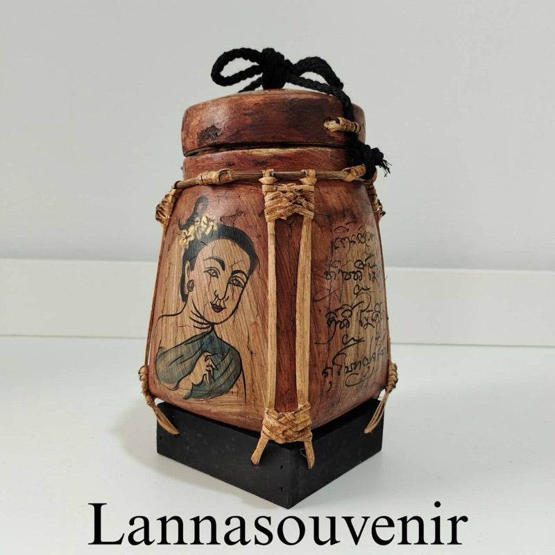 Lanna bamboo blessing box with traditional Thai painting and black cord lid from One-Sake.com