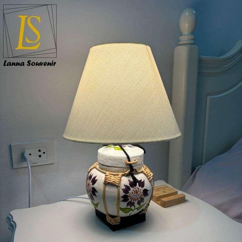 Handmade Bamboo Lamp with Fabric Shade for Elegant Home Decor Purple flower