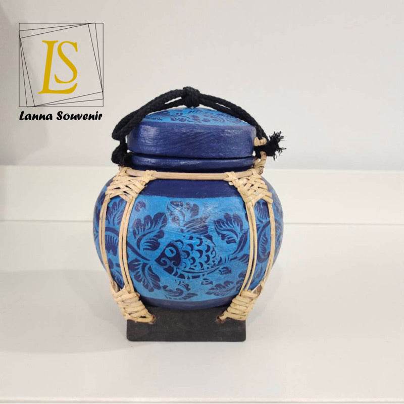 Handmade bamboo rice box with blue fish design and woven natural bamboo accents for kitchen use