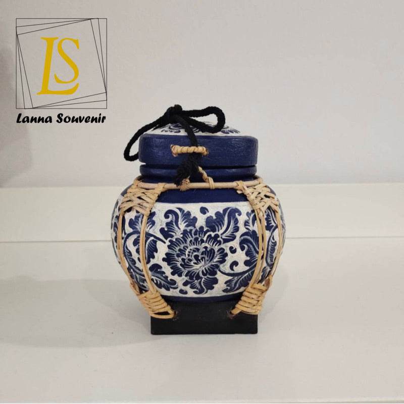 Handmade bamboo rice box with blue floral ceramic design and woven bamboo accents by One-Sake.com