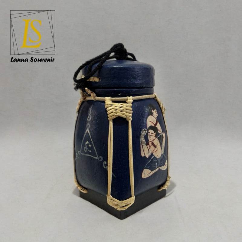 Handmade Thai decorative jar with dark blue finish and traditional Muay Thai boxer artwork