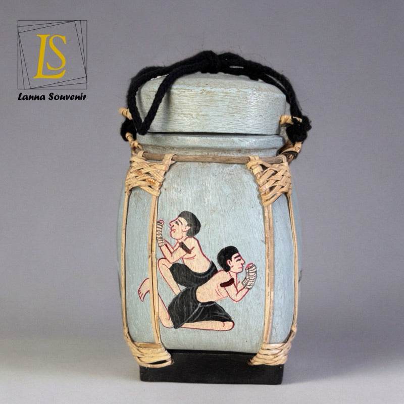 Handmade Thai decorative jar with traditional painting and woven rattan detailing from One-Sake.com