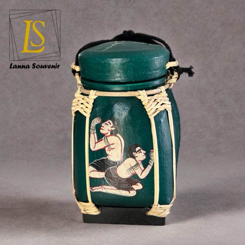 Handmade Thai decorative jar in dark green with traditional Thai art and woven details by One-Sake.com