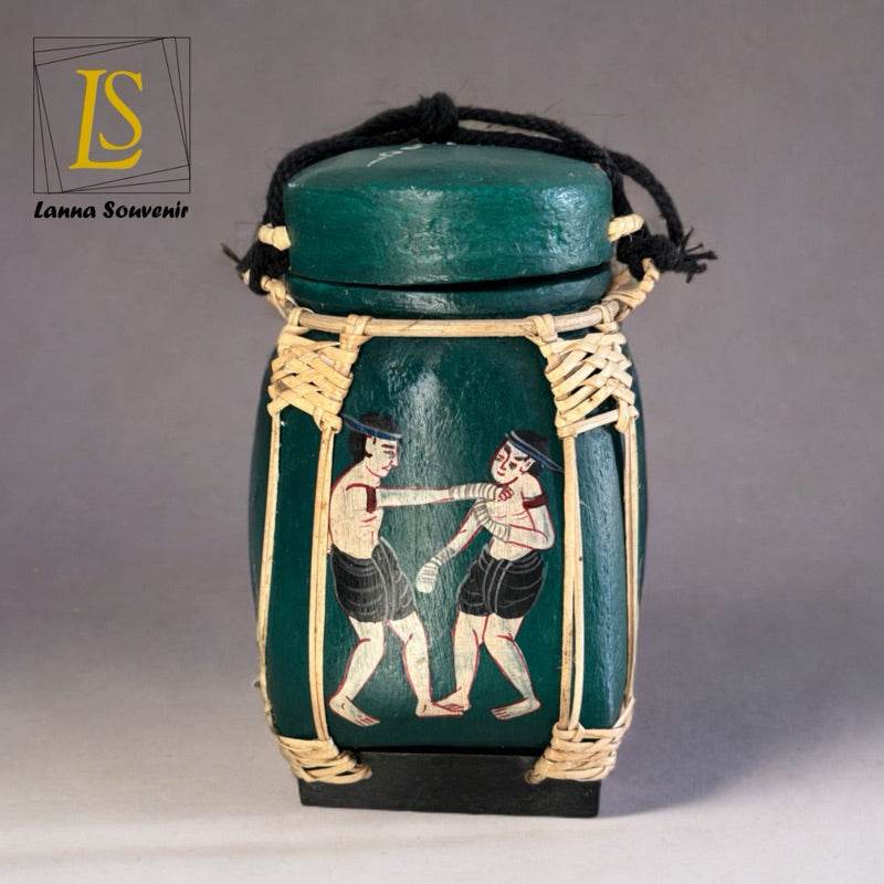 Handmade Thai decorative jar with green finish and traditional boxing artwork from One-Sake.com