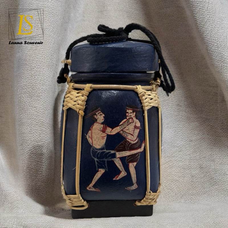 Handmade Thai decorative jar with traditional painting and woven bamboo frame from One-Sake.com