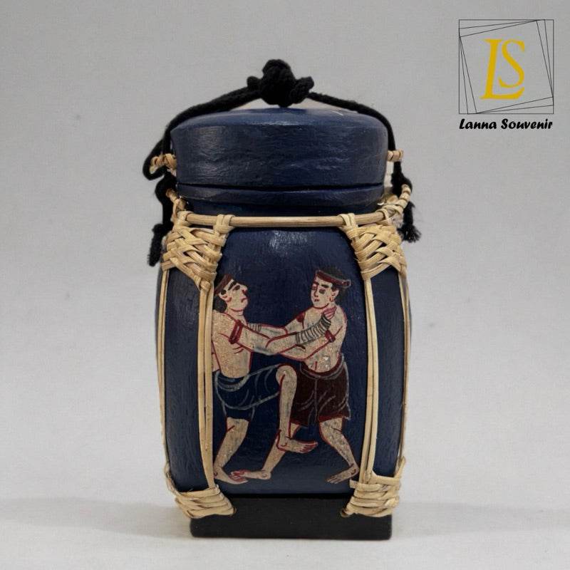 Handmade Thai decorative jar with traditional painted figures and woven rattan accents