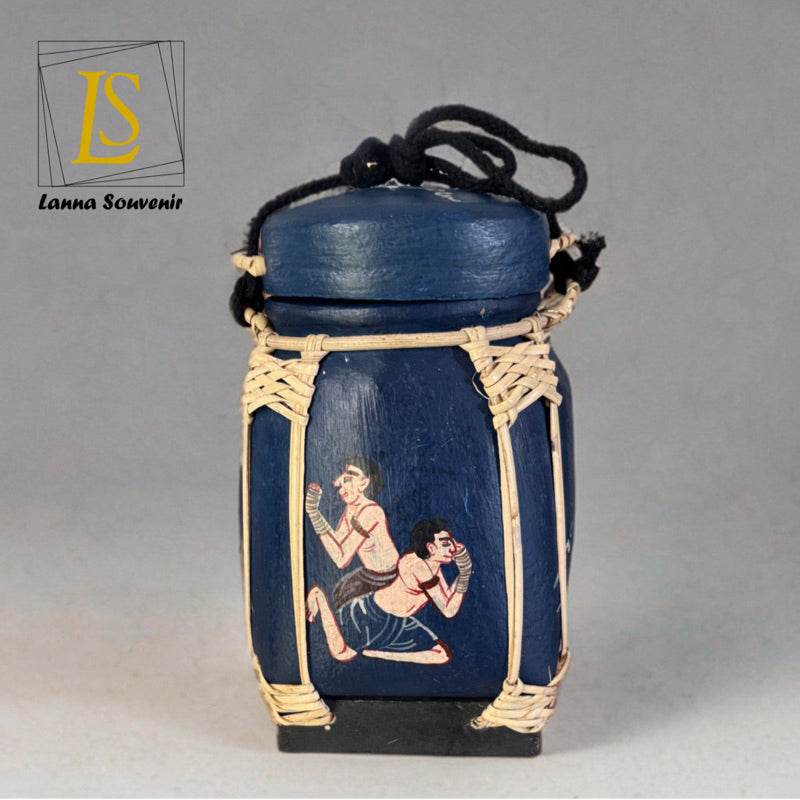 Handmade Thai decorative jar with traditional painted design and woven details by One-Sake.com