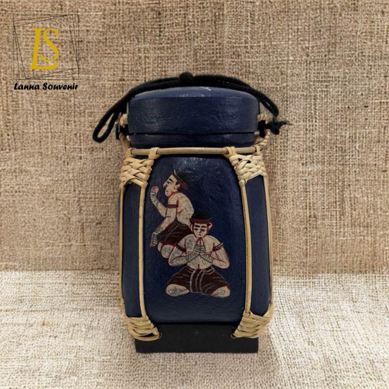 Handmade Thai decorative jar with traditional painting and woven bamboo details from One-Sake.com