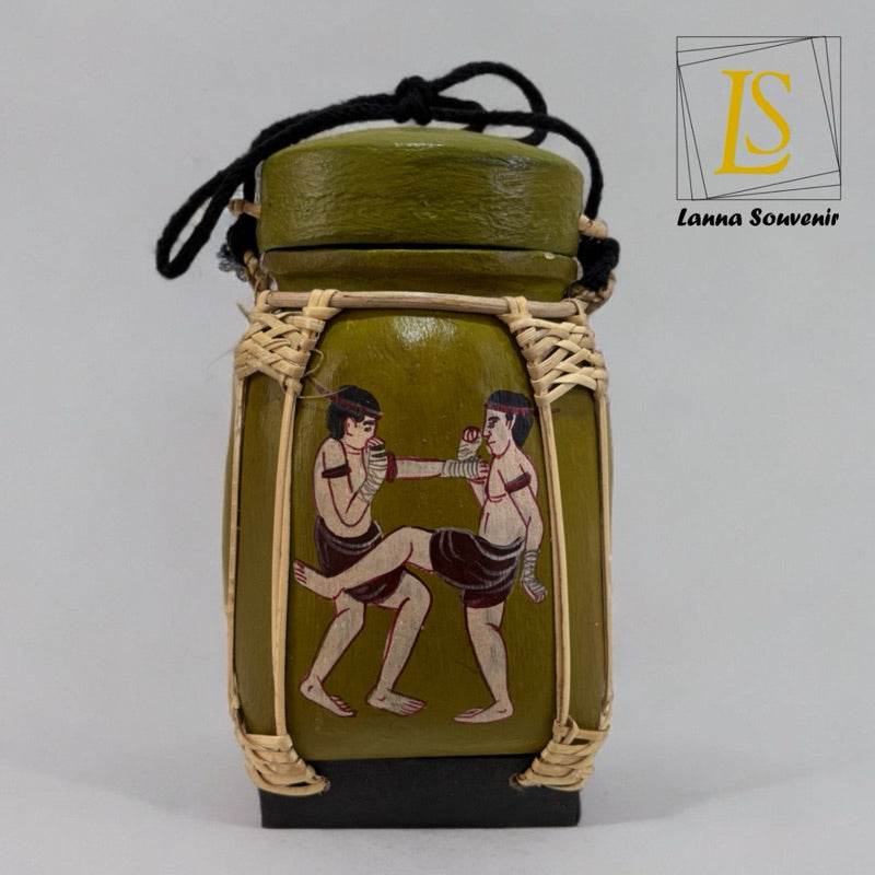 Handmade Thai decorative jar with traditional Muay Thai fighter designs and woven rattan details