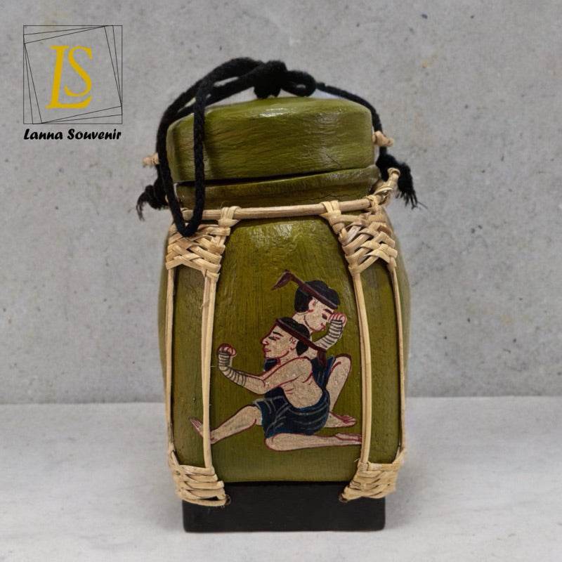 Handmade Thai decorative jar with traditional painted design and woven bamboo frame from One-Sake.com