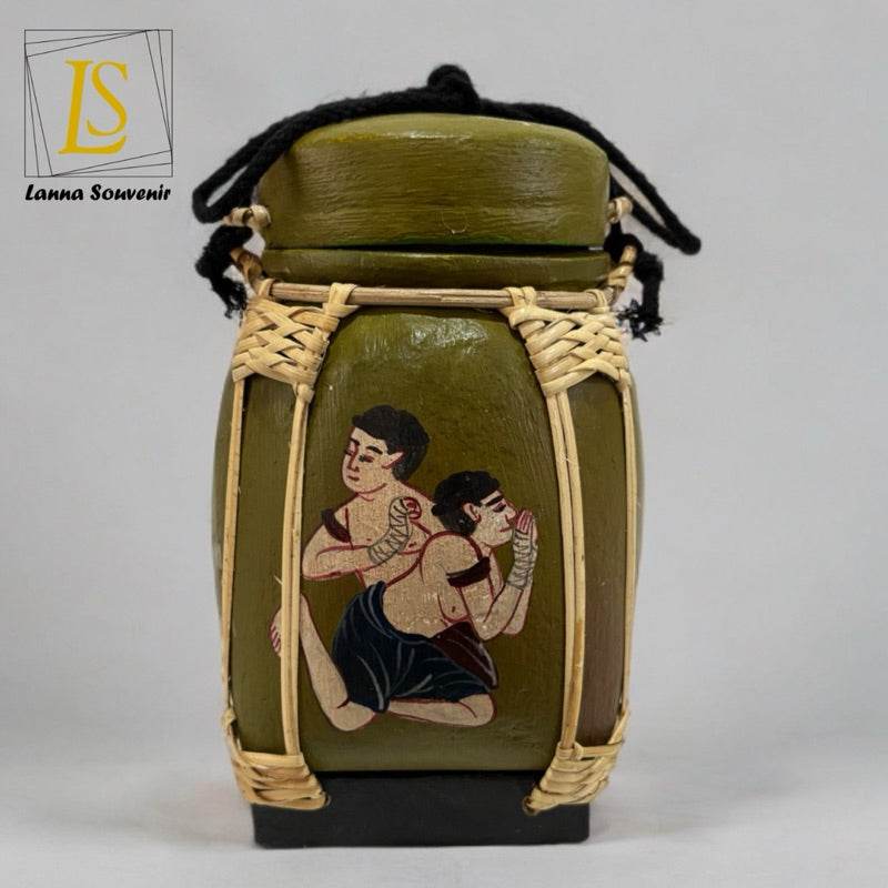 Handmade Thai decorative jar with traditional painting and woven rattan details by One-Sake.com