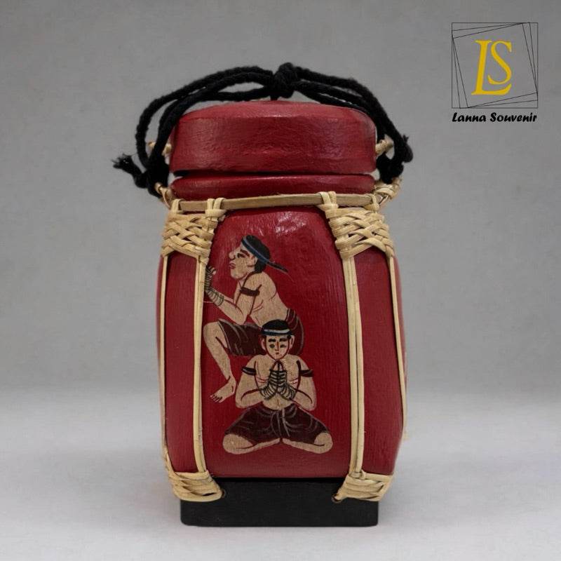 Handmade Thai decorative jar with traditional red and beige design and painted figures
