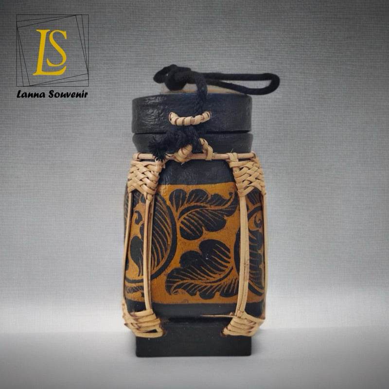 Handmade Thai rice basket by One-Sake.com with traditional woven patterns and black wooden lid