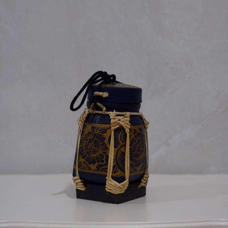 Handmade Thai Rice Basket Vase - Mini Lanna Bamboo Decorative Jar น้ำเงินทอง