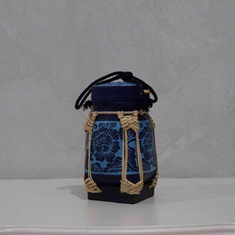 Handmade Thai Rice Basket Vase - Mini Lanna Bamboo Decorative Jar น้ำเงินฟ้า