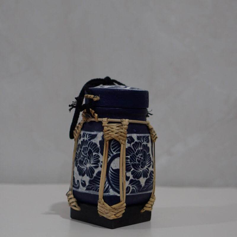 Handmade Thai rice basket with blue floral fabric and woven bamboo frame by One-Sake.com