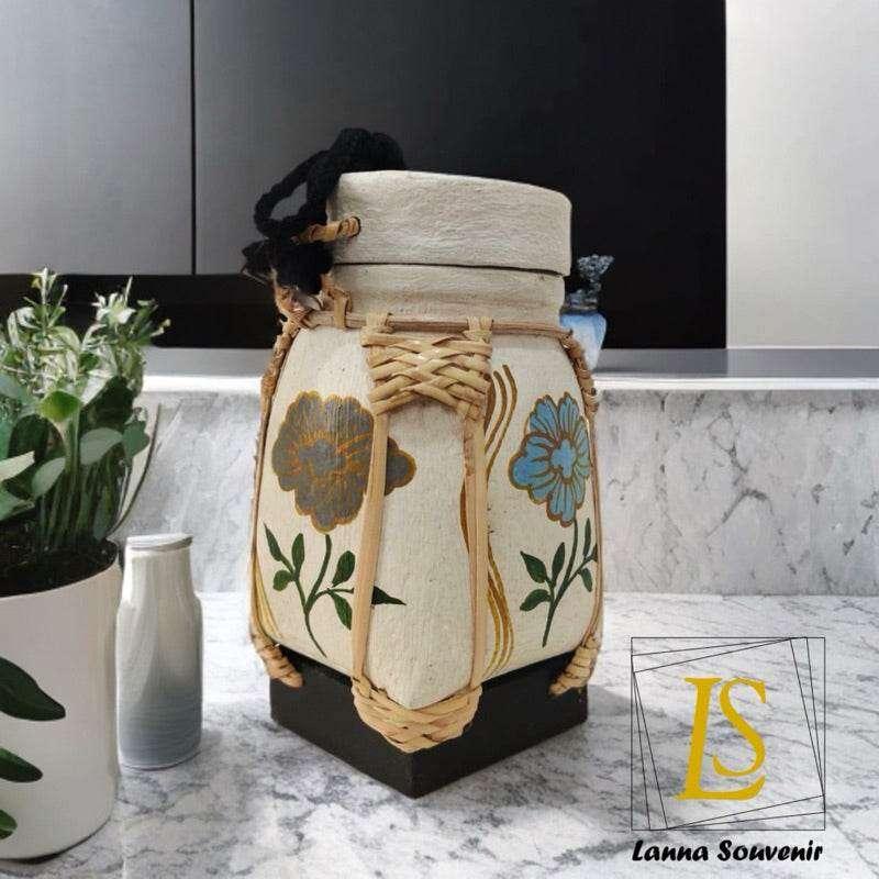 Handmade Thai Rice Basket Vase - Mini Lanna Bamboo Decorative Jar A3