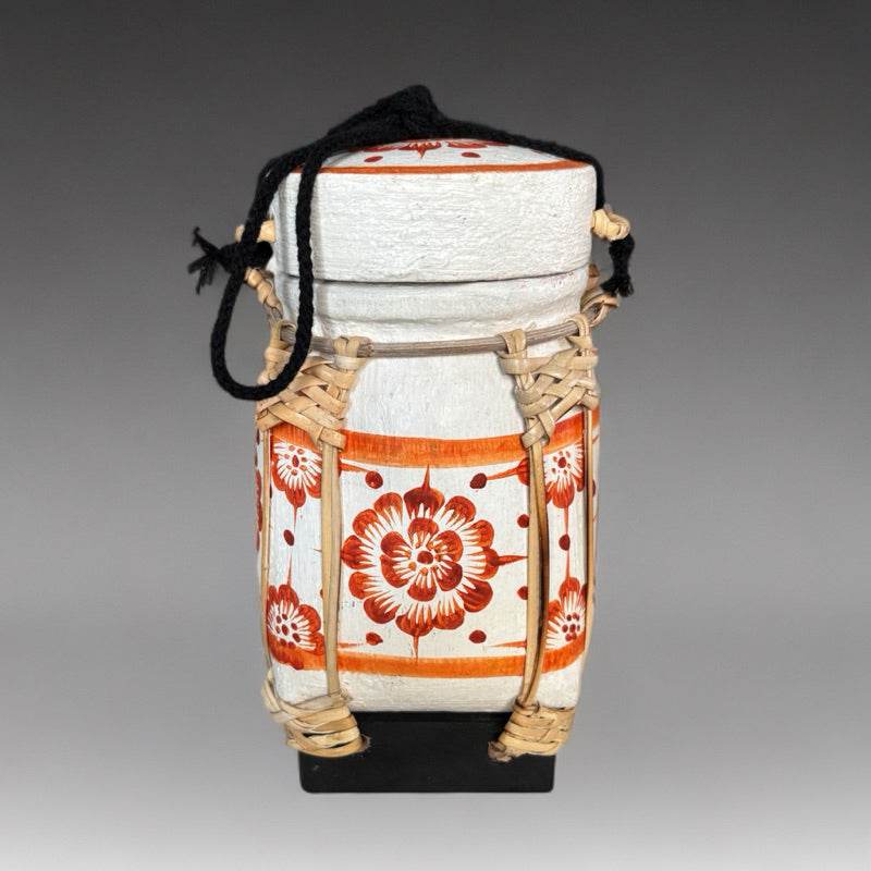 Handmade Thai rice basket with floral patterns and woven details by One-Sake.com