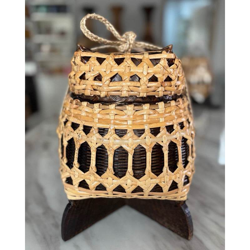 Bamboo sticky rice box from Thailand with woven design and wooden stand by One-Sake.com
