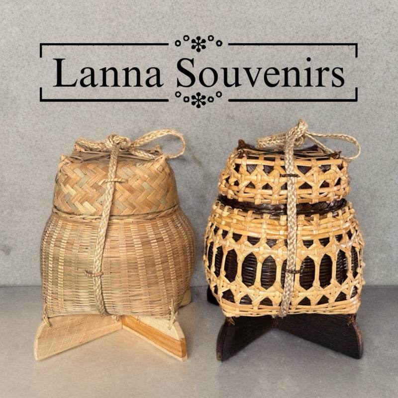 Handwoven bamboo sticky rice box from Thailand in traditional style with wooden stands