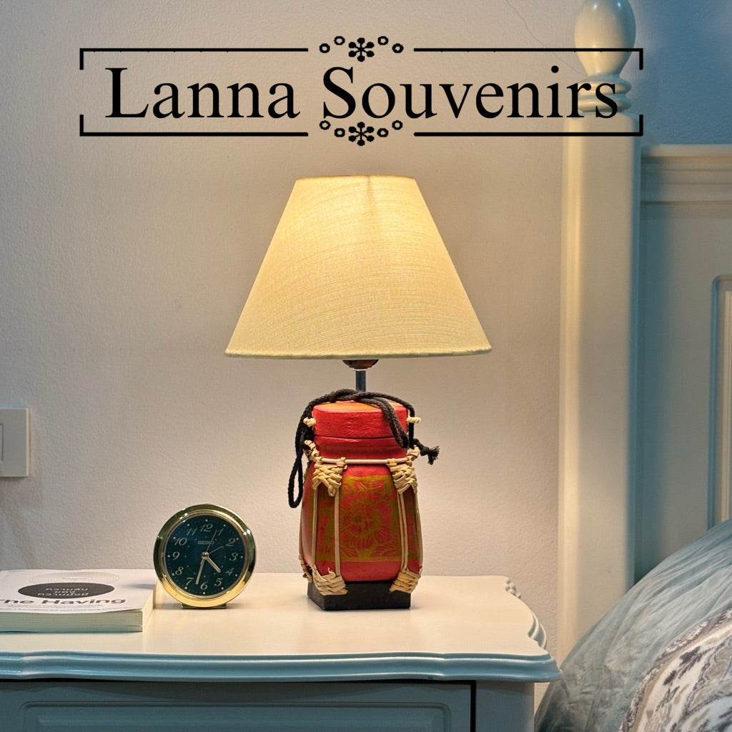Handmade bamboo lamp for bedroom with beige shade on bedside table by One-Sake.com