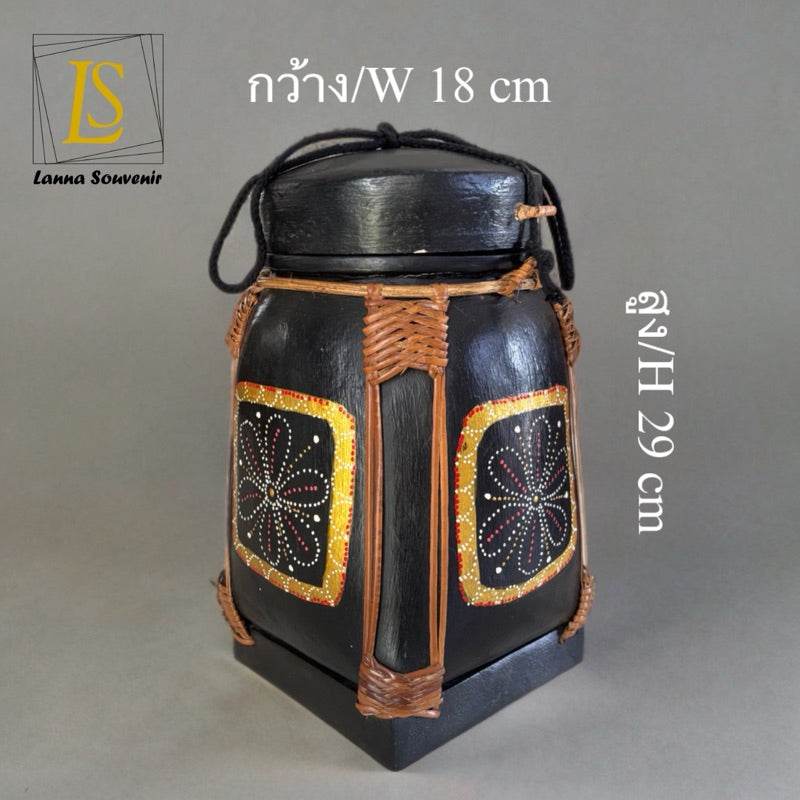 Lanna storage jar with floral pattern black and brown wooden container for food storage