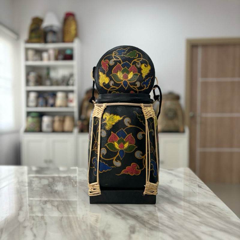 Lanna storage jar with floral pattern in black with colorful lotus design and woven accents