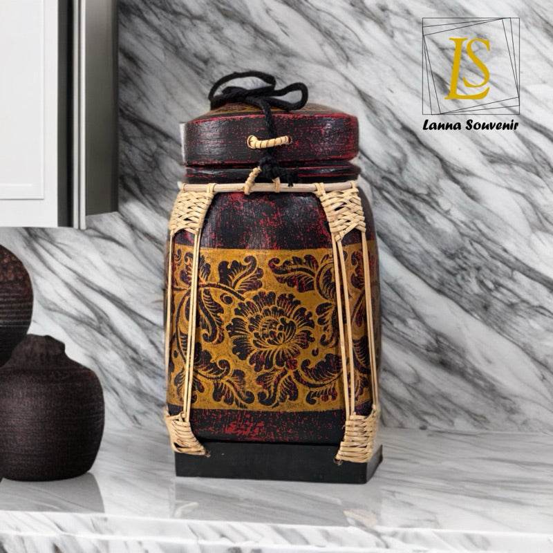 Lanna storage jar with floral pattern made from wood and woven rattan by One-Sake.com