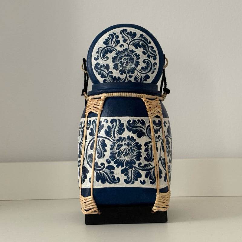 Lanna storage jar with floral pattern in blue and white with woven rattan accents by One-Sake.com