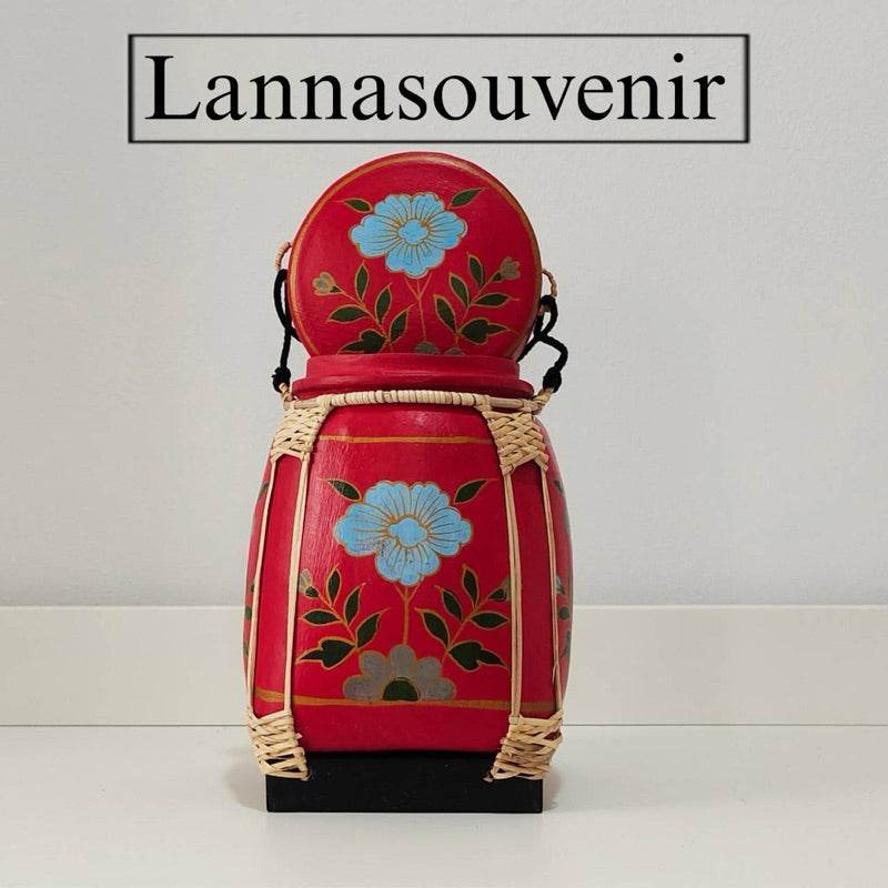 Lanna storage jar with floral pattern in red with blue flowers and woven accents from One-Sake.com