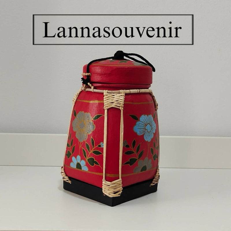 Lanna storage jar with floral pattern in red with woven accents for kitchen storage