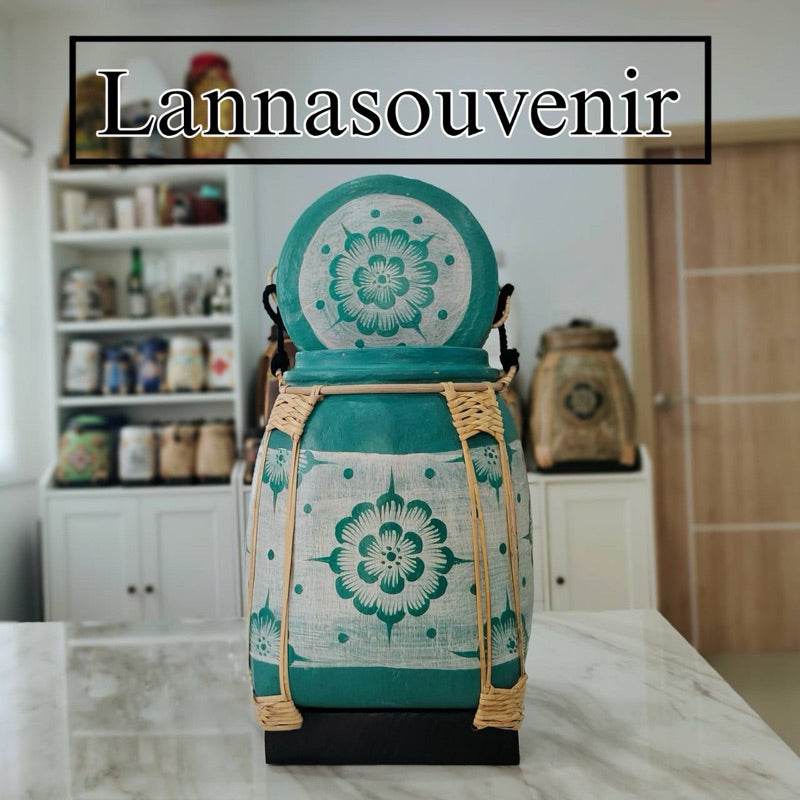 Lanna storage jar with floral pattern featuring teal and beige colors for kitchen storage