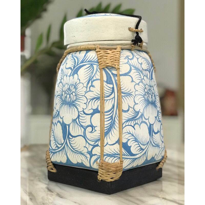 Lanna storage jar with floral pattern in blue and white ceramic with woven accents from One-Sake.com