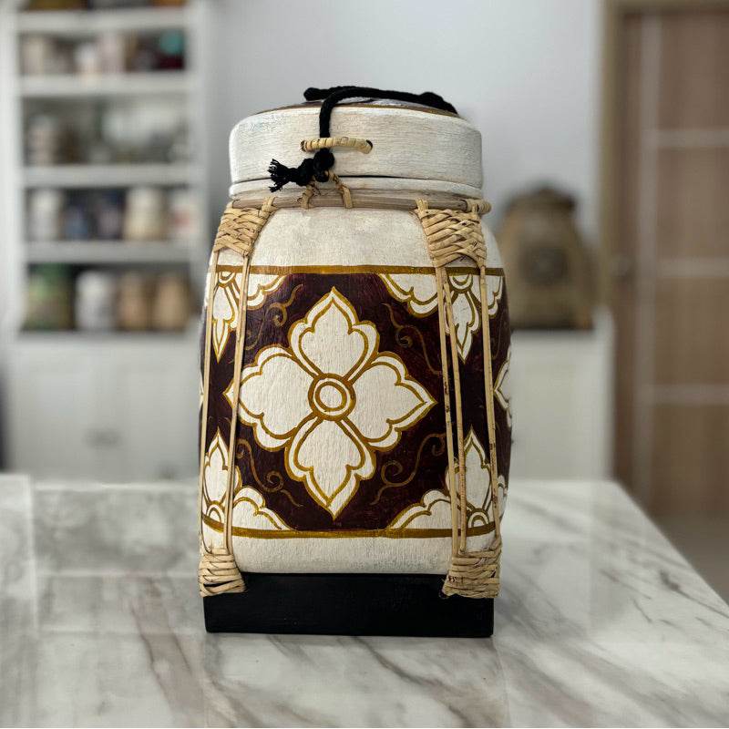 Lanna storage jar with floral pattern on kitchen countertop for food and drink storage
