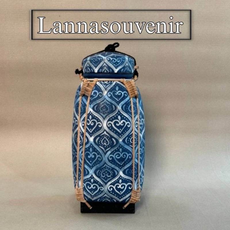 Handmade wood powder bowl with blue patterned fabric cover and rope detailing from One-Sake.com
