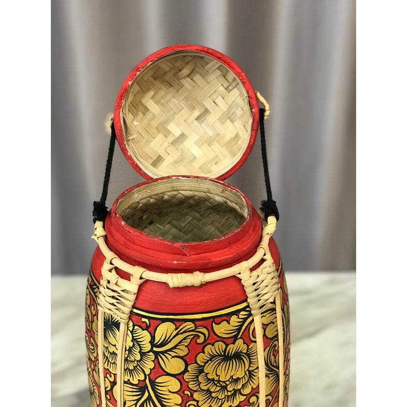 Handmade wood powder bowl with red and yellow floral design and woven lid by One-Sake.com